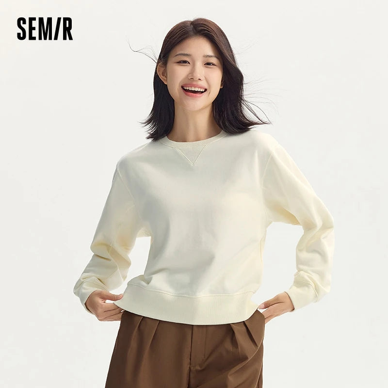 Semir Sweatshirt Women Lazy Simple Round Neck Loose 2024 Autumn New Gentle Solid Color Base Sweatshirt