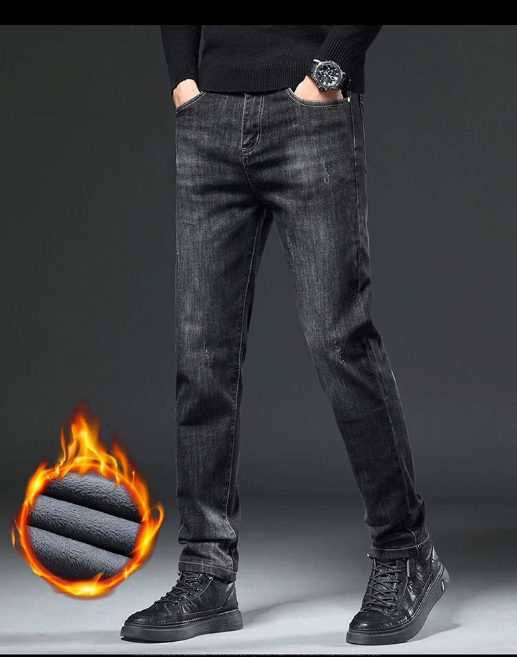 Winter Men's Fleece Warm Jeans Slim Straight Stretch Thickened Denim Pants Fashion Velvet Plush Trousers Brand Clothes