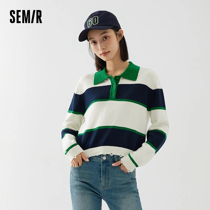 Semir Sweater Women Short Polo Neck Loose Personality Trendy Girl Autumn Salt System Striped Retro Trendy Cool Sweater