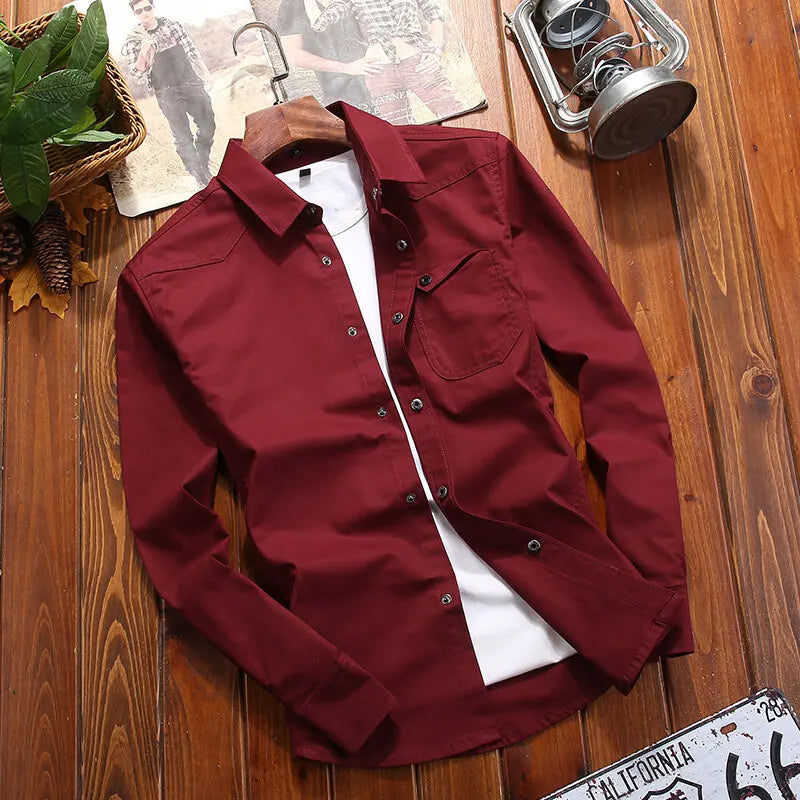 New Fashion Men's Long-Sleeved Shirt Long-Sleeved Buttons Solid Color Lapel Work Shirt Casual Outdoor Big Yards Men's Clothing