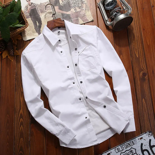 New Fashion Men's Long-Sleeved Shirt Long-Sleeved Buttons Solid Color Lapel Work Shirt Casual Outdoor Big Yards Men's Clothing