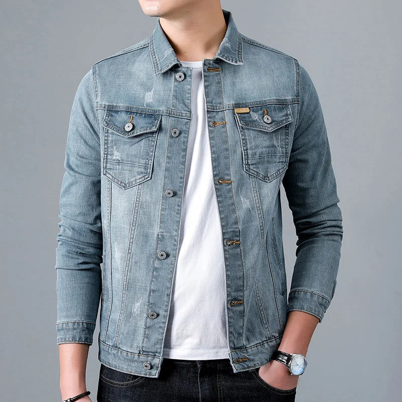 Spring New Men's Casual Cotton Denim Jacket Classic Style Fashion Slim Washed Retro Blue Jeans Coat Male Brand Clothing