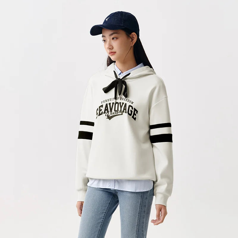 Semir Hoodie Women Letter-printed Loose Drop-shoulder Hooded Pullover Casual and Elegant Spring Individual Printed Top