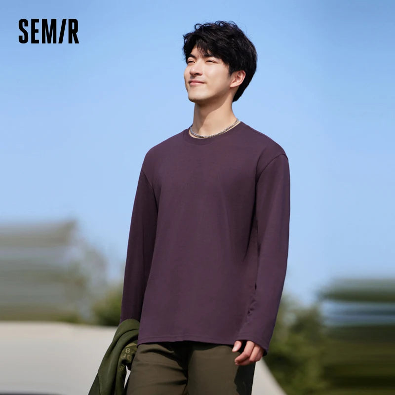 Semir T-Shirt Men Long Sleeve T-Shirt 2024 New Autumn Simple Solid Color Versatile Base Layer Top Pure Cotton Couple Matching