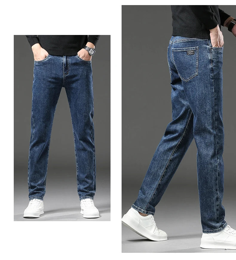 Men's Warm Fleece Jeans Winter New Thick Velvet Slim Fit Business Casual Pants Classic Black Blue Elastic Cotton Denim Pants