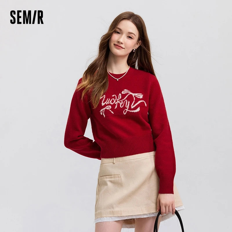 Semir Sweater Women Short Style with Bowknot Girly 2025 New Spring Sweet Round-neck Square-shoulder Pullover Sweater Slimming