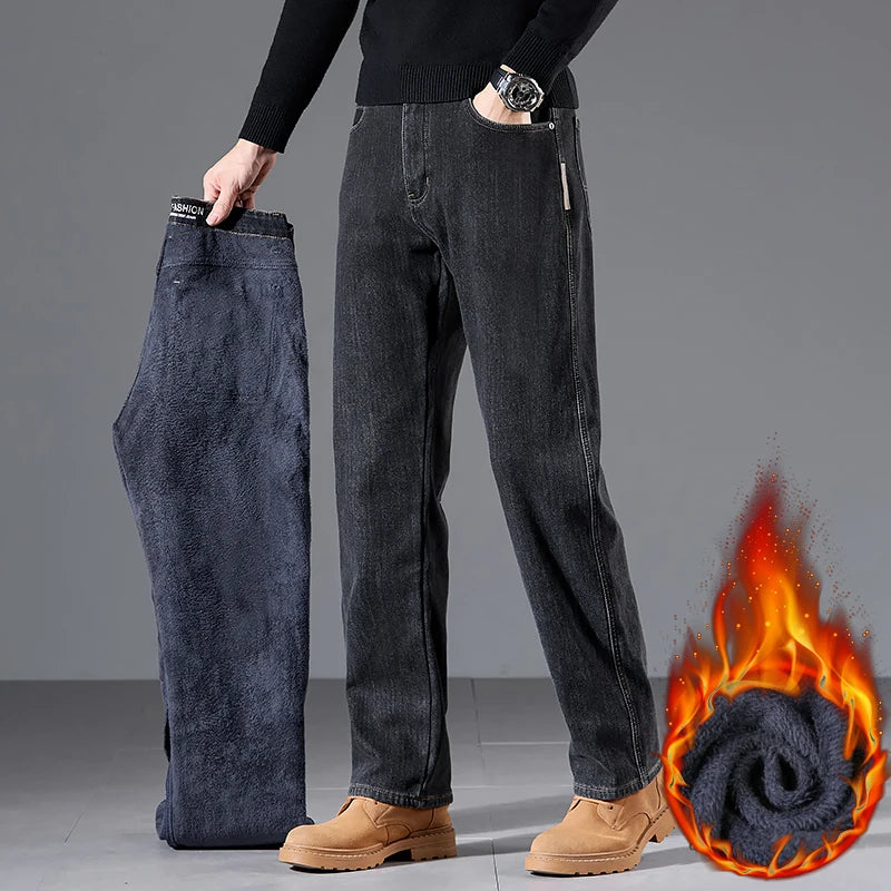 Winter Fleece Loose Jeans Men Classic Straight High Quality Thicken Warm Velvet Trousers Business Casual Brand Denim Pants