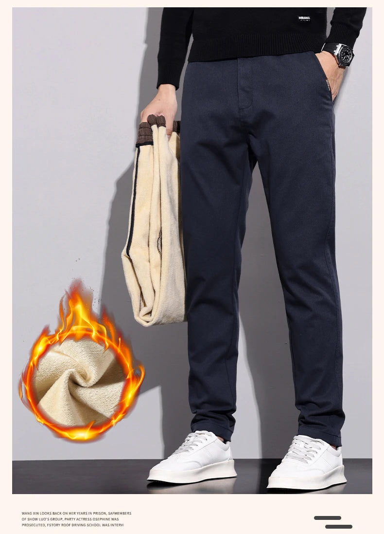 Winter New Men's Fleece Pants Slim Straight Warm Soft