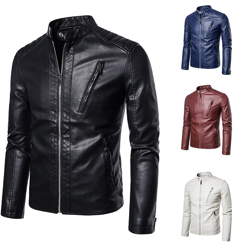 TRAF 2024 Men's New Casual Autumn And Winter Windproof Solid Color Collar Trend Of Fashion Business Formal Leather Jacket