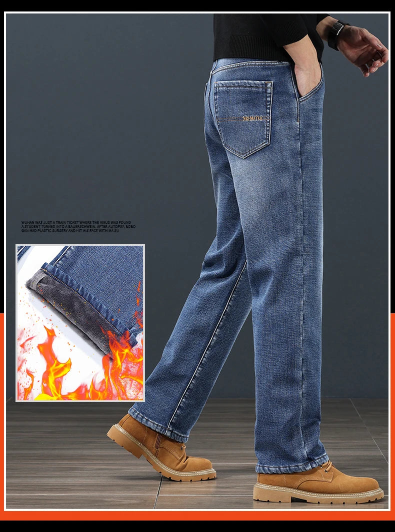 Winter Fleece Men Jeans Classic Loose Straight Warm Thicken Trousers Business Casual Velvet Elastic Denim Pants Plus Size 42 44