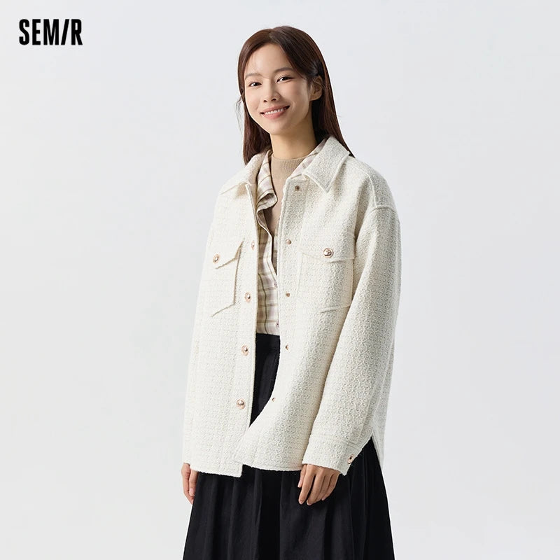 Semir Outerwear Women Mid-long Style Slit 2024 New Spring Wool-blended Tweed Top