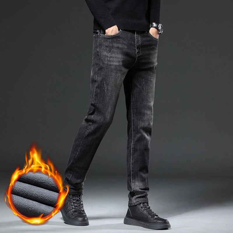 Winter Men's Fleece Warm Jeans Slim Straight Stretch Thickened Denim Pants Fashion Velvet Plush Trousers Brand Clothes