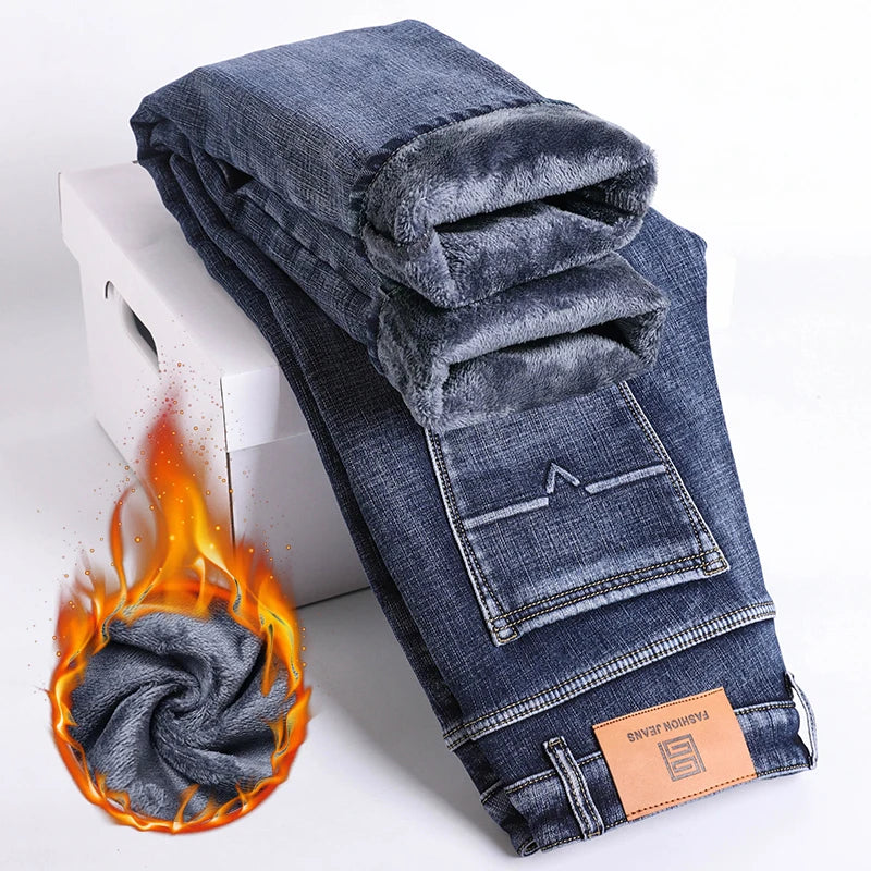 2025 Winter Men's Warm Jeans Thicken Fleece Slim