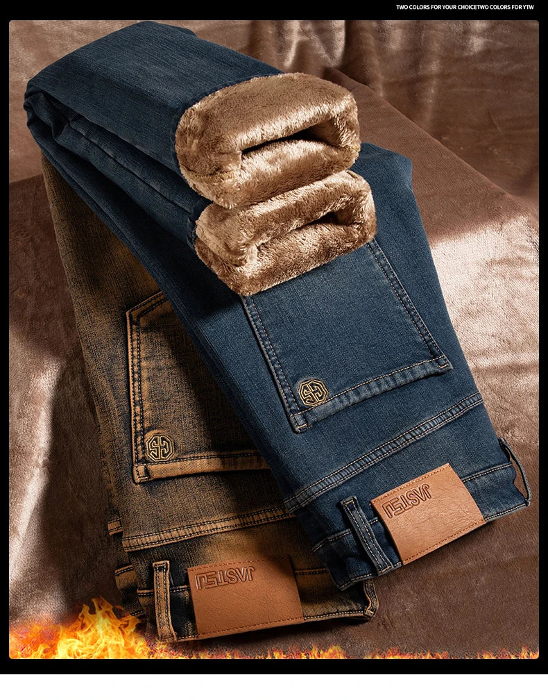 Winter Fleece Jeans Men's Clothes Thickened Fashion Plush Trousers Brand Business Straight Fitted Warm Stretch Denim Pants