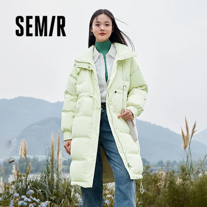 Semir Down Jacket Women Three-Proof Stand-Up Collar Loose Simple 2023 Winter New Drawstring Waist All-Match Thick Long Coat