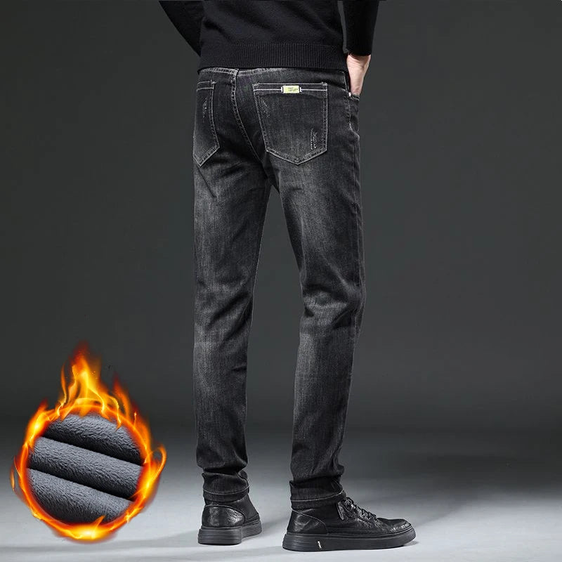 Winter Men's Fleece Warm Jeans Slim Straight Stretch Thickened Denim Pants Fashion Velvet Plush Trousers Brand Clothes