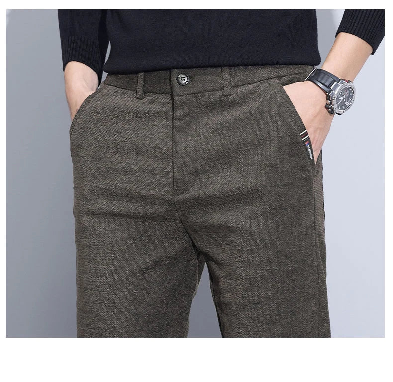 Velvet Thickened Winter Men's Pants Warm Fleece Chenille Fabric Soft Fashion Slim Straight Business Casual Trousers Male Clothes