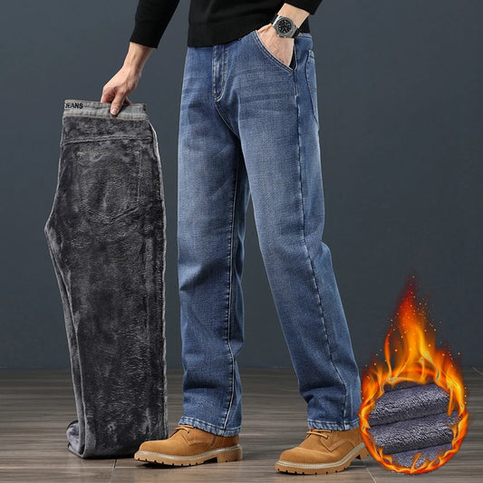 Winter Fleece Men Jeans Classic Loose Straight Warm Thicken Trousers Business Casual Velvet Elastic Denim Pants Plus Size 42 44