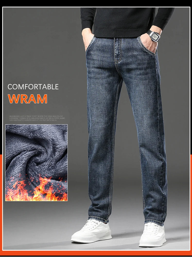 2025 Winter Men's Warm Jeans Thicken Fleece Slim