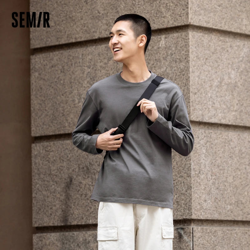 Semir T-Shirt Men Long Sleeve T-Shirt 2024 New Autumn Simple Solid Color Versatile Base Layer Top Pure Cotton Couple Matching