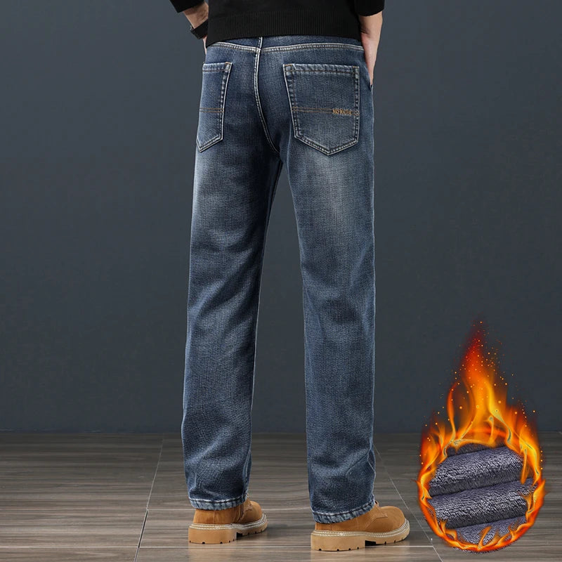 Winter Fleece Men Jeans Classic Loose Straight Warm Thicken Trousers Business Casual Velvet Elastic Denim Pants Plus Size 42 44