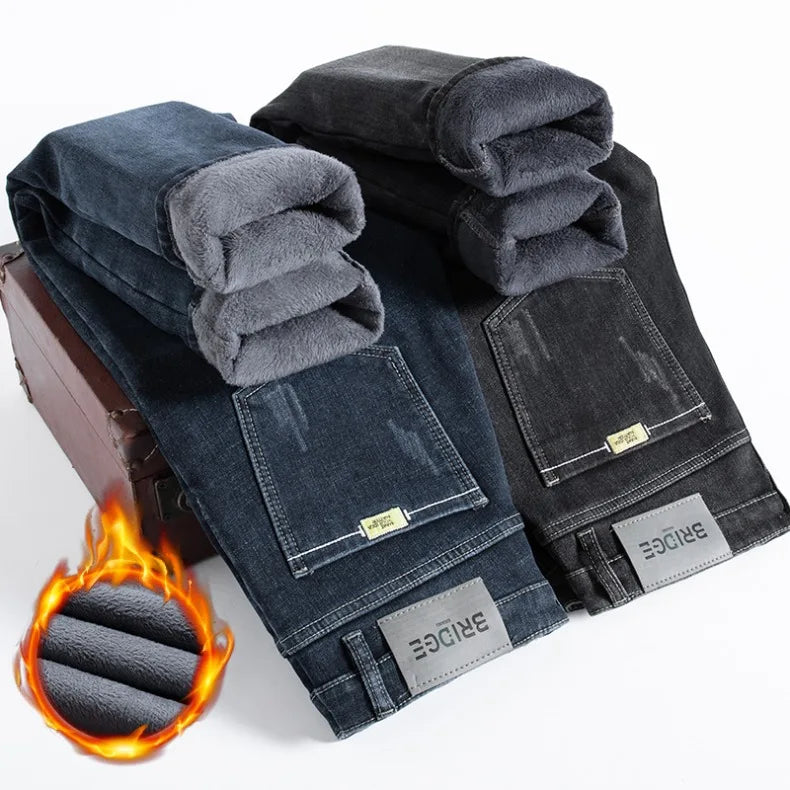 Winter Men's Fleece Warm Jeans Slim Straight Stretch Thickened Denim Pants Fashion Velvet Plush Trousers Brand Clothes