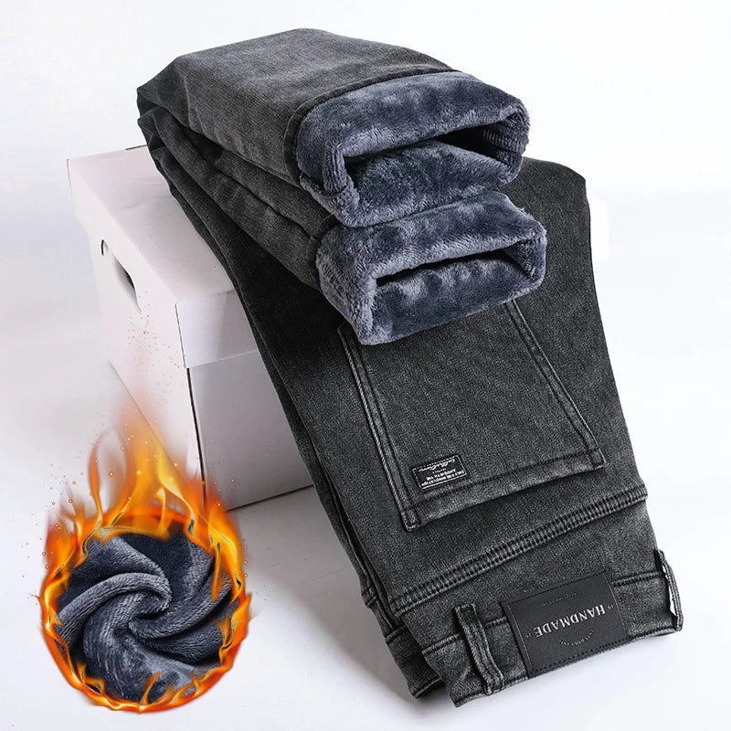 Men's Warm Fleece Jeans Winter New Thick Velvet Slim Fit Business Casual Pants Classic Black Blue Elastic Cotton Denim Pants