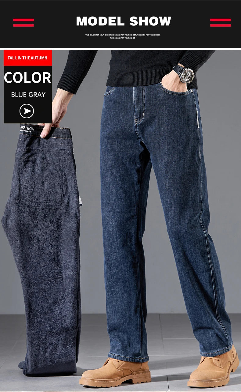 Winter Fleece Loose Jeans Men Classic Straight High Quality Thicken Warm Velvet Trousers Business Casual Brand Denim Pants