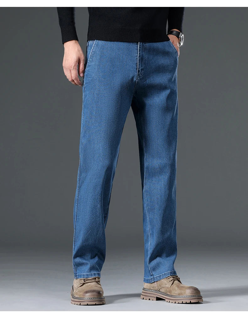 Men's Lyocell Slim Straight Stretch Jeans Fashion Business Casual Denim Pants Classic Blue Smoke Gray Trousers Male Clothes