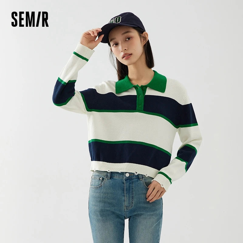 Semir Sweater Women Short Polo Neck Loose Personality Trendy Girl Autumn Salt System Striped Retro Trendy Cool Sweater