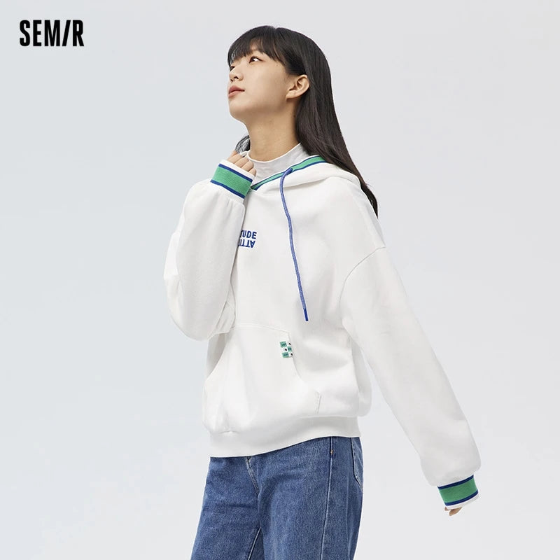 Semir 2024 Sweatshirt Women Contrasting Color Hooded Top Loose Spring Letter Embroidered Pullover For Girls Trendy And Cool Tops