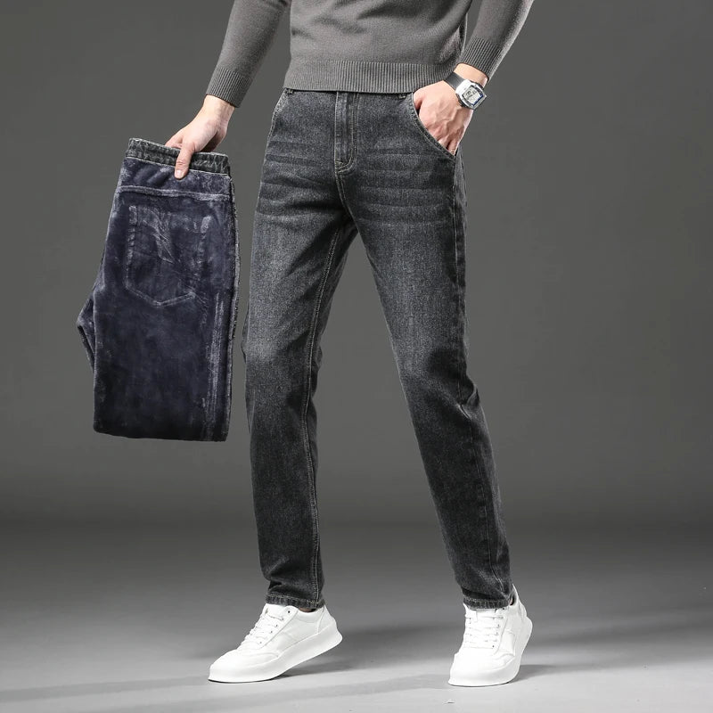 2025 Winter Men's Warm Jeans Thicken Fleece Slim