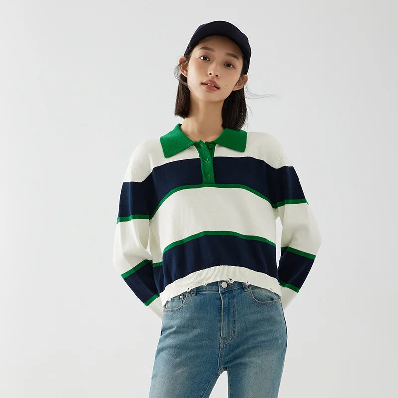 Semir Sweater Women Short Polo Neck Loose Personality Trendy Girl Autumn Salt System Striped Retro Trendy Cool Sweater