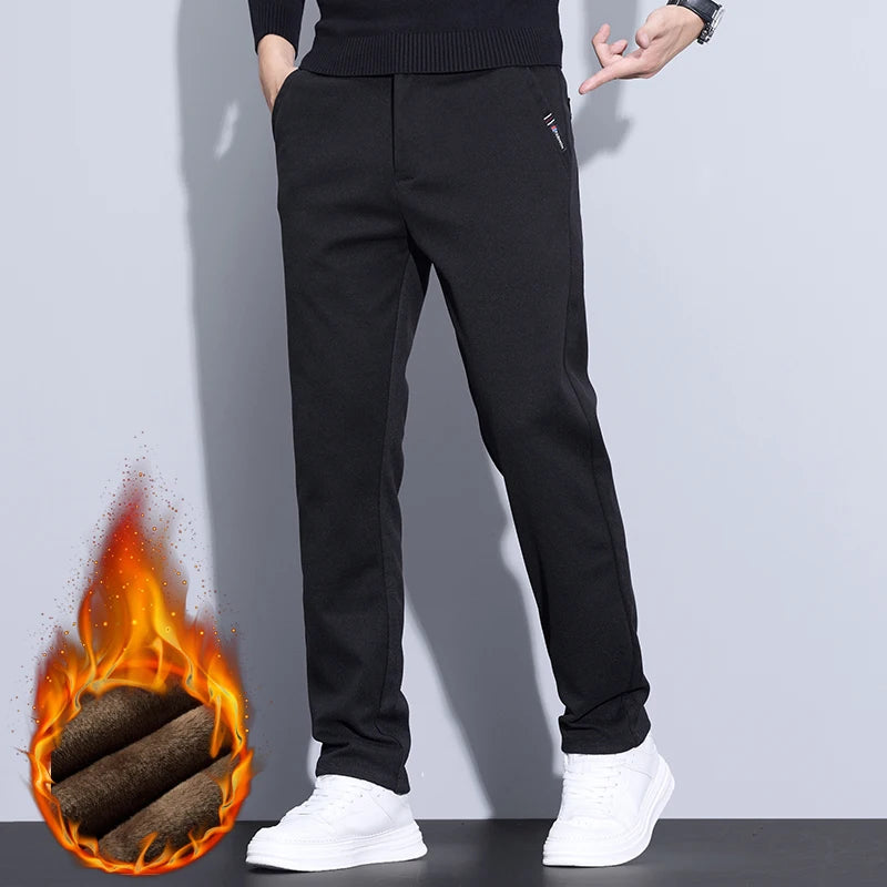 Velvet Thickened Winter Men's Pants Warm Fleece Chenille Fabric Soft Fashion Slim Straight Business Casual Trousers Male Clothes