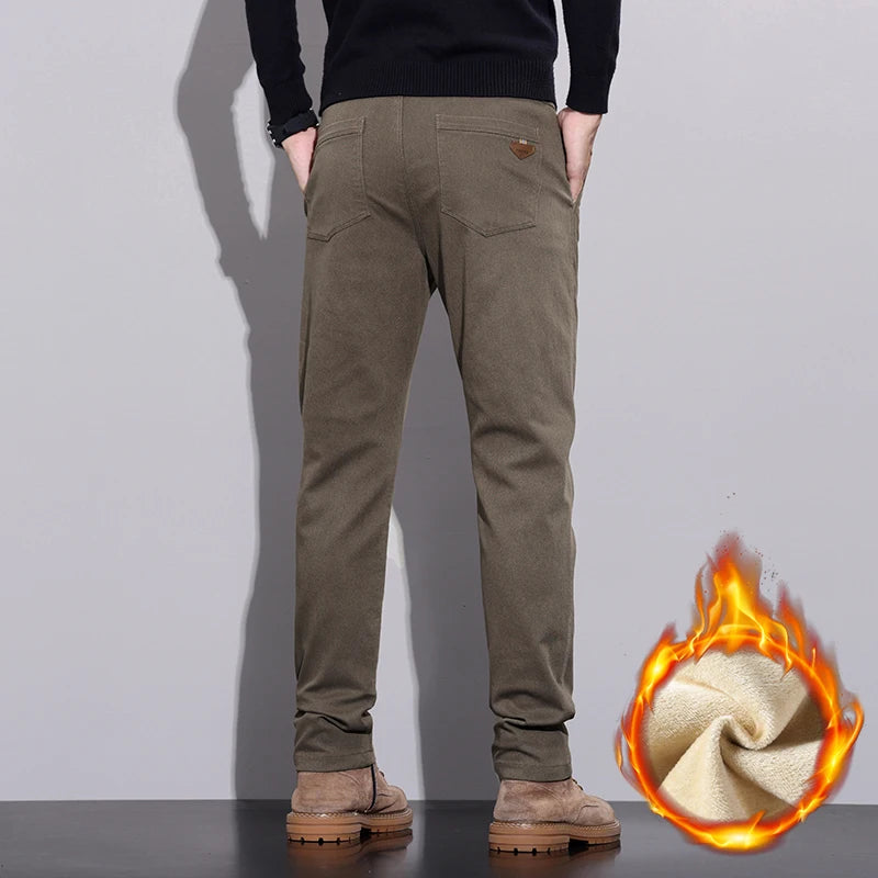 Winter New Men's Fleece Pants Slim Straight Warm Soft