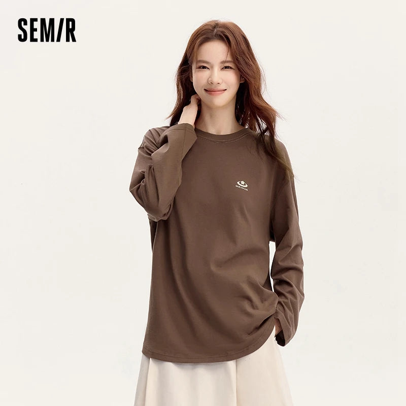 Semir Long Sleeve T-Shirt Women Plum Blossom Medium Long Length Pure Cotton with Printed Design 2024 New Autumn Oversized Top