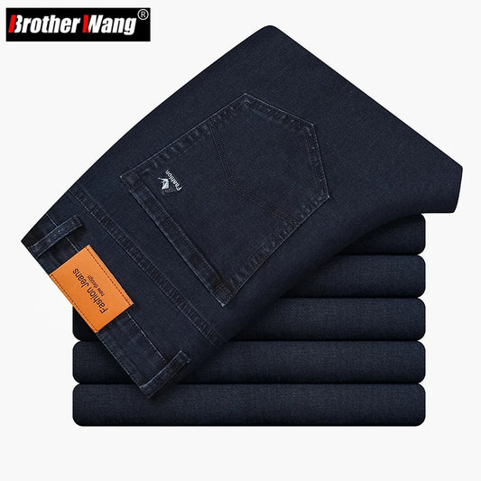 Men's Autumn Winter Thick Jeans Classic Style Stretch Business Loose Straight-leg Casual Pants Men's Denim Pants Navy Blue