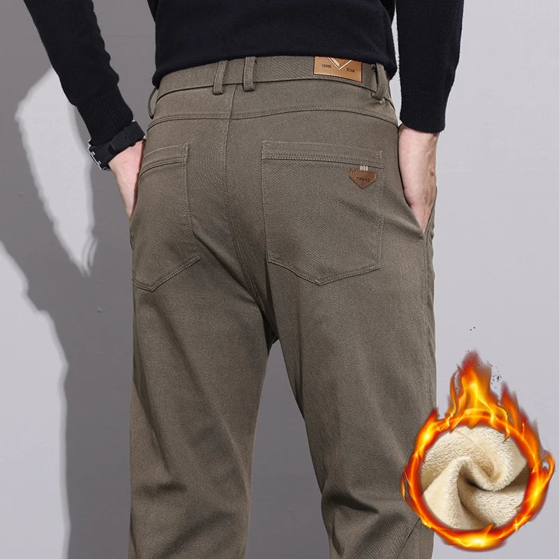 Winter New Men's Fleece Pants Slim Straight Warm Soft