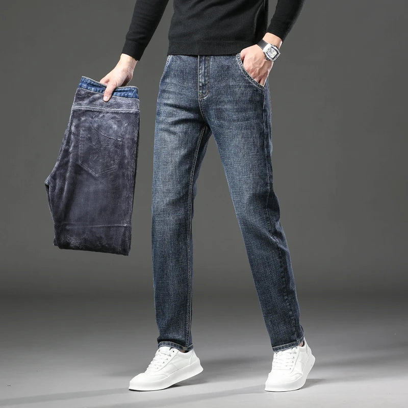 2025 Winter Men's Warm Jeans Thicken Fleece Slim