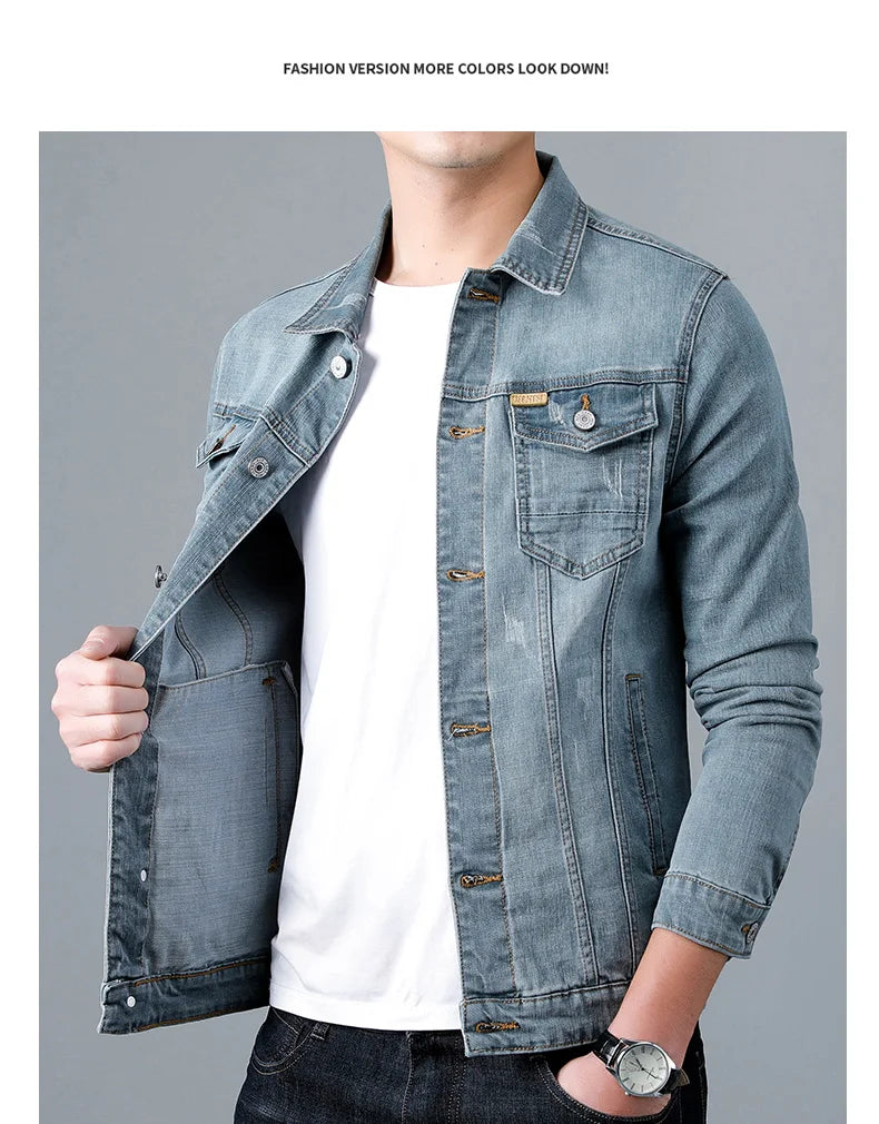 Spring New Men's Casual Cotton Denim Jacket Classic Style Fashion Slim Washed Retro Blue Jeans Coat Male Brand Clothing