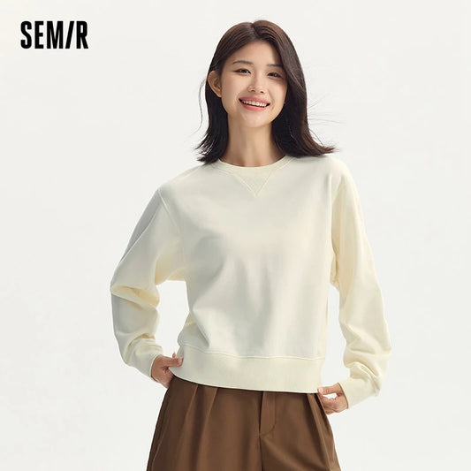 Semir Sweatshirt Women Lazy Simple Round Neck Loose 2024 Autumn New Gentle Solid Color Base Sweatshirt