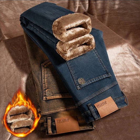 Winter Fleece Jeans Men's Clothes Thickened Fashion Plush Trousers Brand Business Straight Fitted Warm Stretch Denim Pants