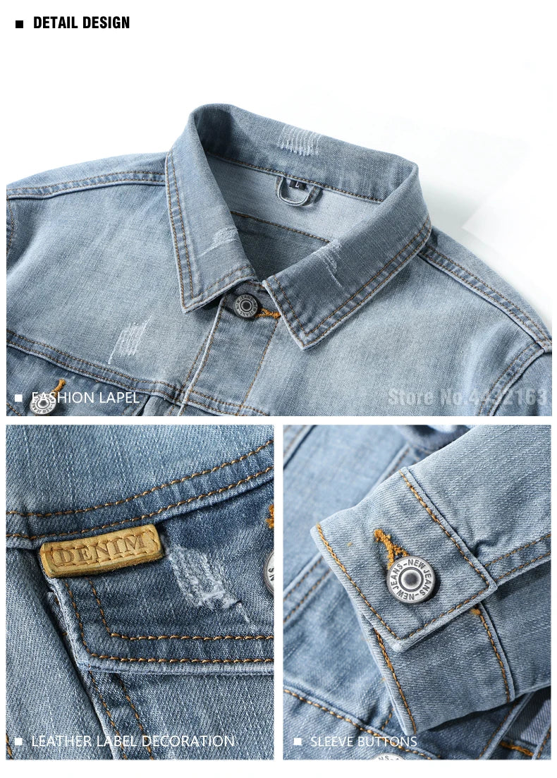 Spring New Men's Casual Cotton Denim Jacket Classic Style Fashion Slim Washed Retro Blue Jeans Coat Male Brand Clothing