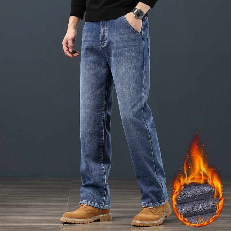 Winter Fleece Men Jeans Classic Loose Straight Warm Thicken Trousers Business Casual Velvet Elastic Denim Pants Plus Size 42 44