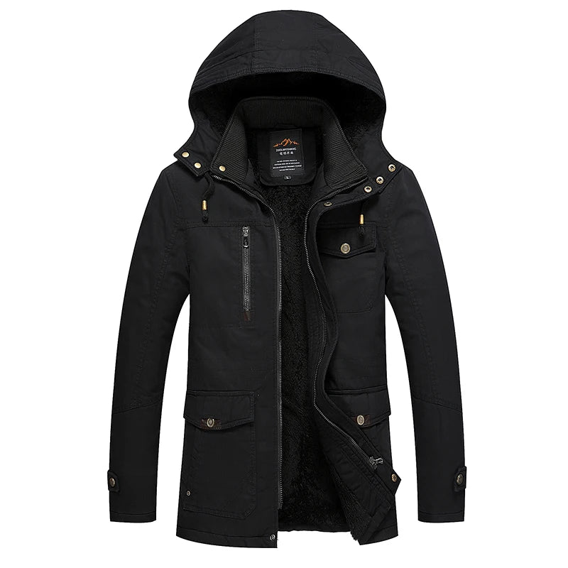 Winter Men's Long Fleece Thickened Multi-Pocket Hooded Coat 100% Cotton Casual Hundred Outdoor Cold Resistant Warm Jacket