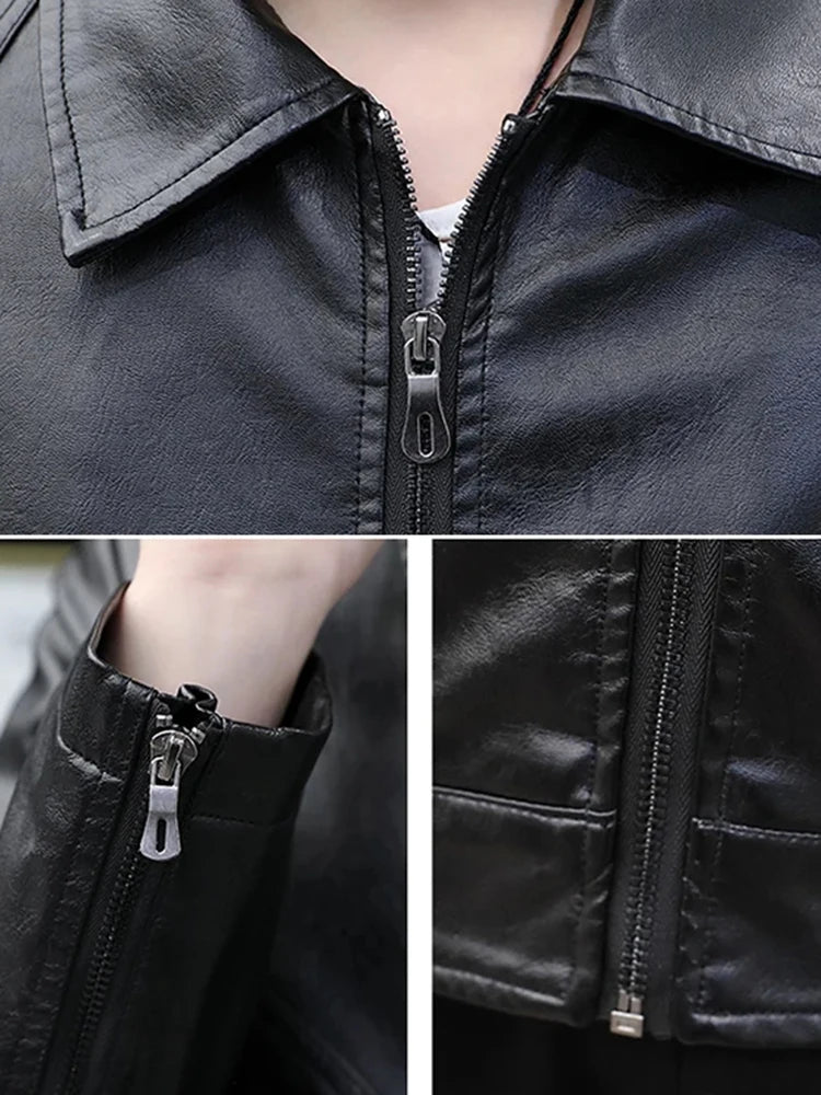 Men's Padded Thickened Casual Warm Lapel Zipper Cold Leather Jacket Fashion Trend Versatile Pu Leather Jackets