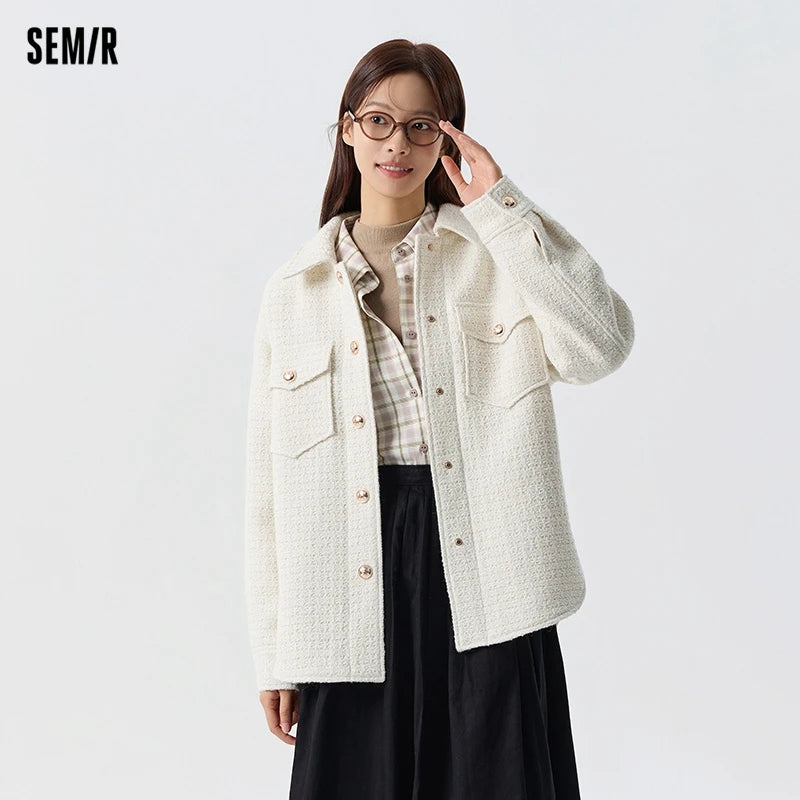 Semir Outerwear Women Mid-long Style Slit 2024 New Spring Wool-blended Tweed Top