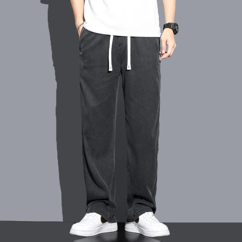 Summer Thin Soft Lyocell Fabric Jeans Men Loose Straight Wide Leg Pants Drawstring Elastic Waist Casual Trousers Plus Size M-5XL