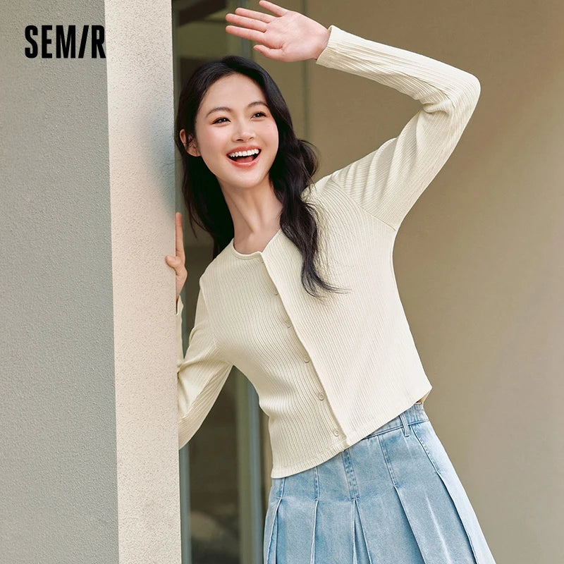 Semir T-Shirt Women Short Sleeve V-Neck T-Shirt Versatile and Elegant 2024 New Autumn Texture Slim Fit Knit Cardigan