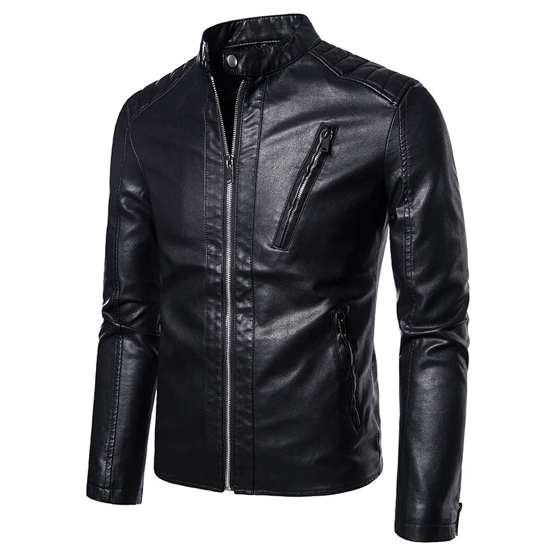 TRAF 2024 Men's New Casual Autumn And Winter Windproof Solid Color Collar Trend Of Fashion Business Formal Leather Jacket